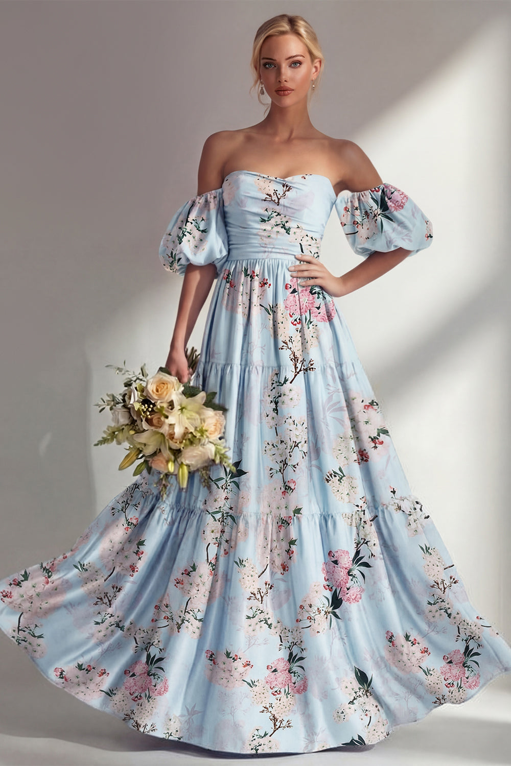 Puff Sleeves Pink Floral A Line Strapless Ruched Long Bridesmaid Dress