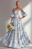 Puff Sleeves Pink Floral A Line Strapless Ruched Long Bridesmaid Dress