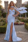 Yellow Corset Floral Mermaid Strapless Long Prom Dress with Slit