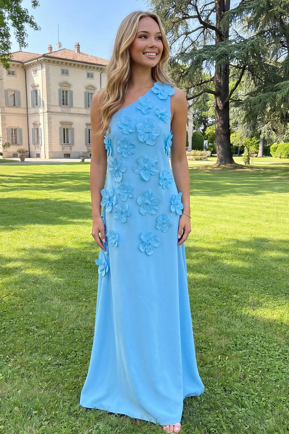 Yellow Sheath One Shoulder Floral Maxi Wedding Guest Dress