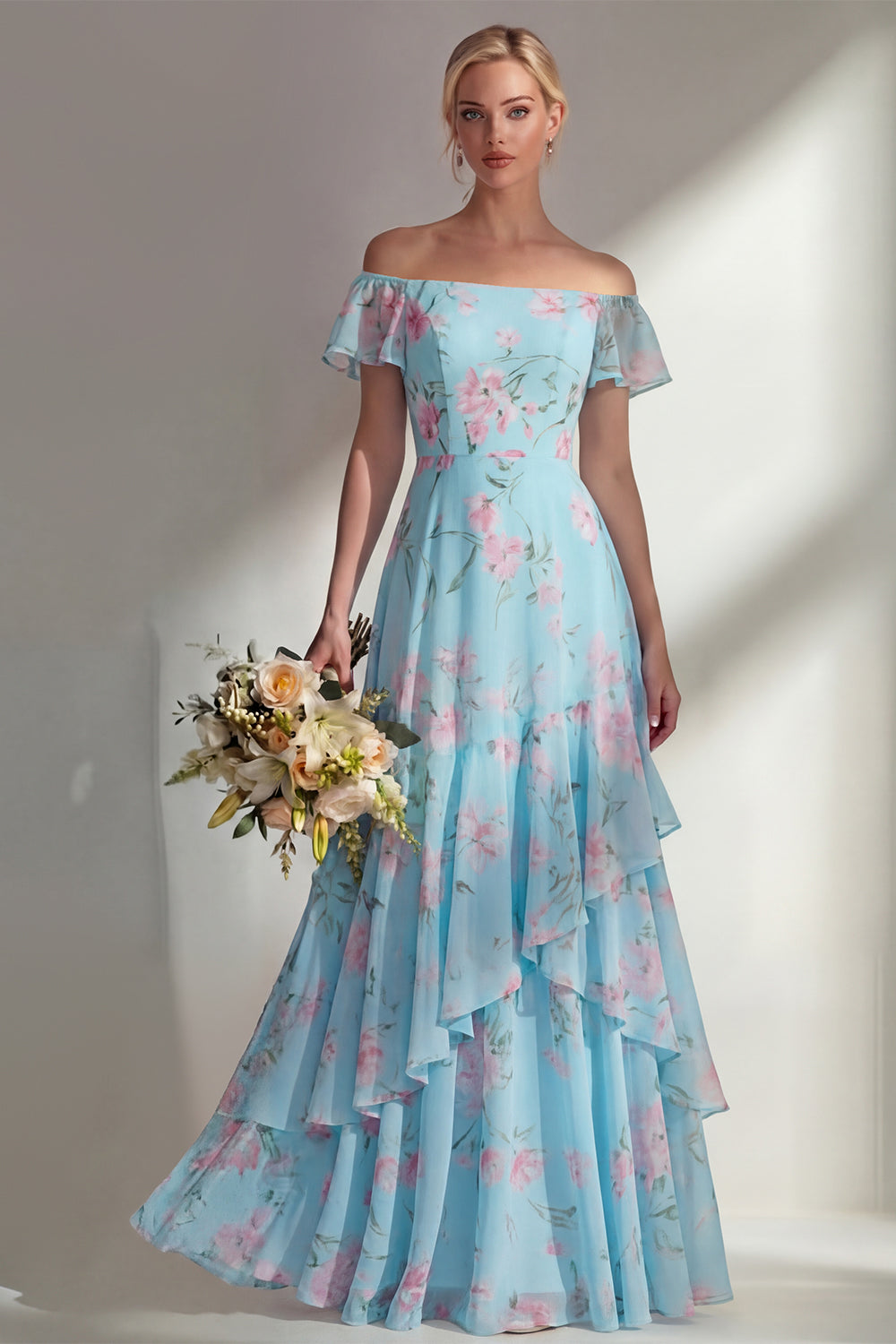 Green Floral A Line Off the Shoulder Long Boho Bridesmaid Dress with Ruffles