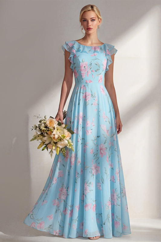 Boat Neck Blue Floral A Line Long Beach Bridesmaid Dress with Ruffles