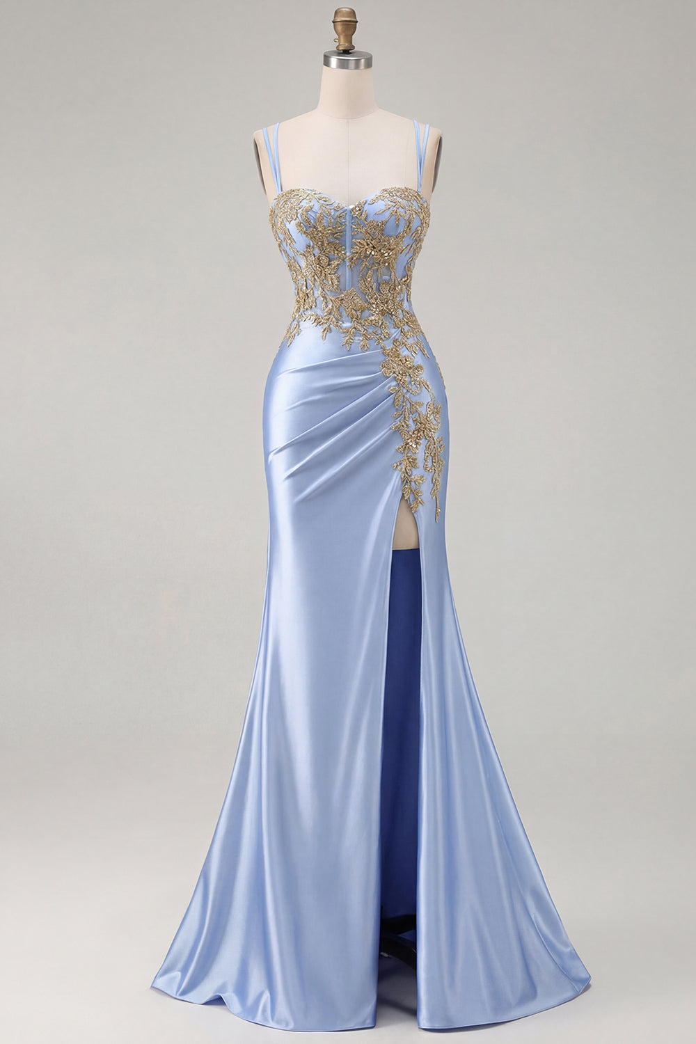 Sparkly Black Beaded Floral Satin Appliqued Long Corset Prom Dress with Slit