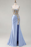 Sparkly Black Beaded Floral Satin Appliqued Long Corset Prom Dress with Slit