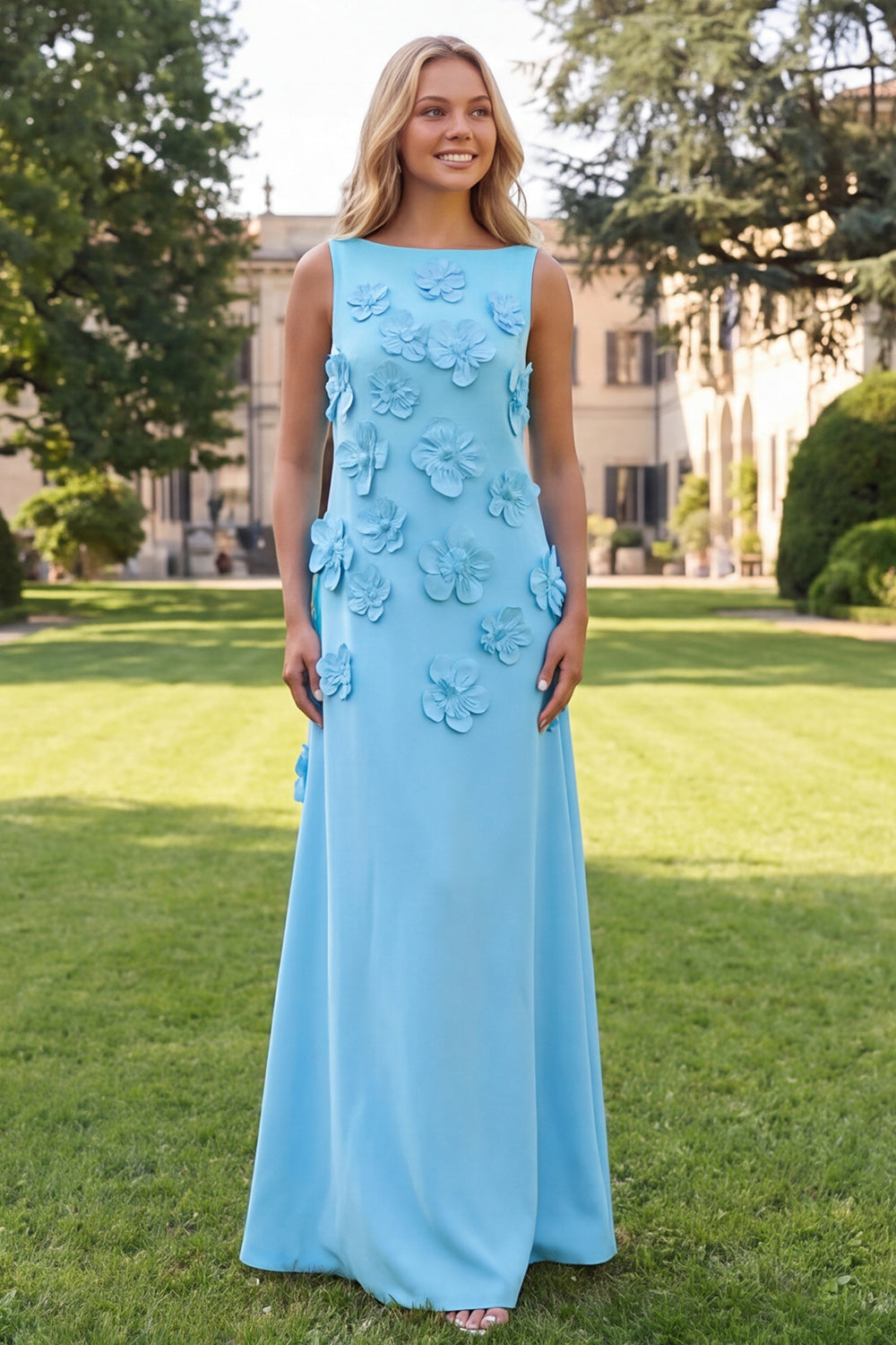 Hot Pink A Line Boat Neck Floral Long Wedding Guest Dress