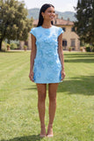 Butter Yellow Short Floral Round Neck Homecoming Dress with Sleeves