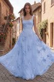 Yellow Floral Beaded A Line Square Neck Long Prom Dress