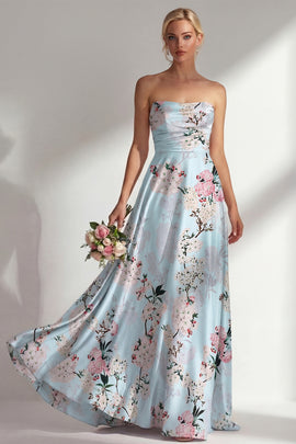 Strapless Ruched Blue Floral A Line Long Bridesmaid Dress