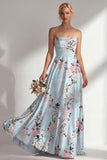 Strapless Ruched Blue Floral A Line Long Bridesmaid Dress