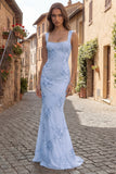 Floral Yellow Mermaid Square Neck Long Prom Dress with Pearls