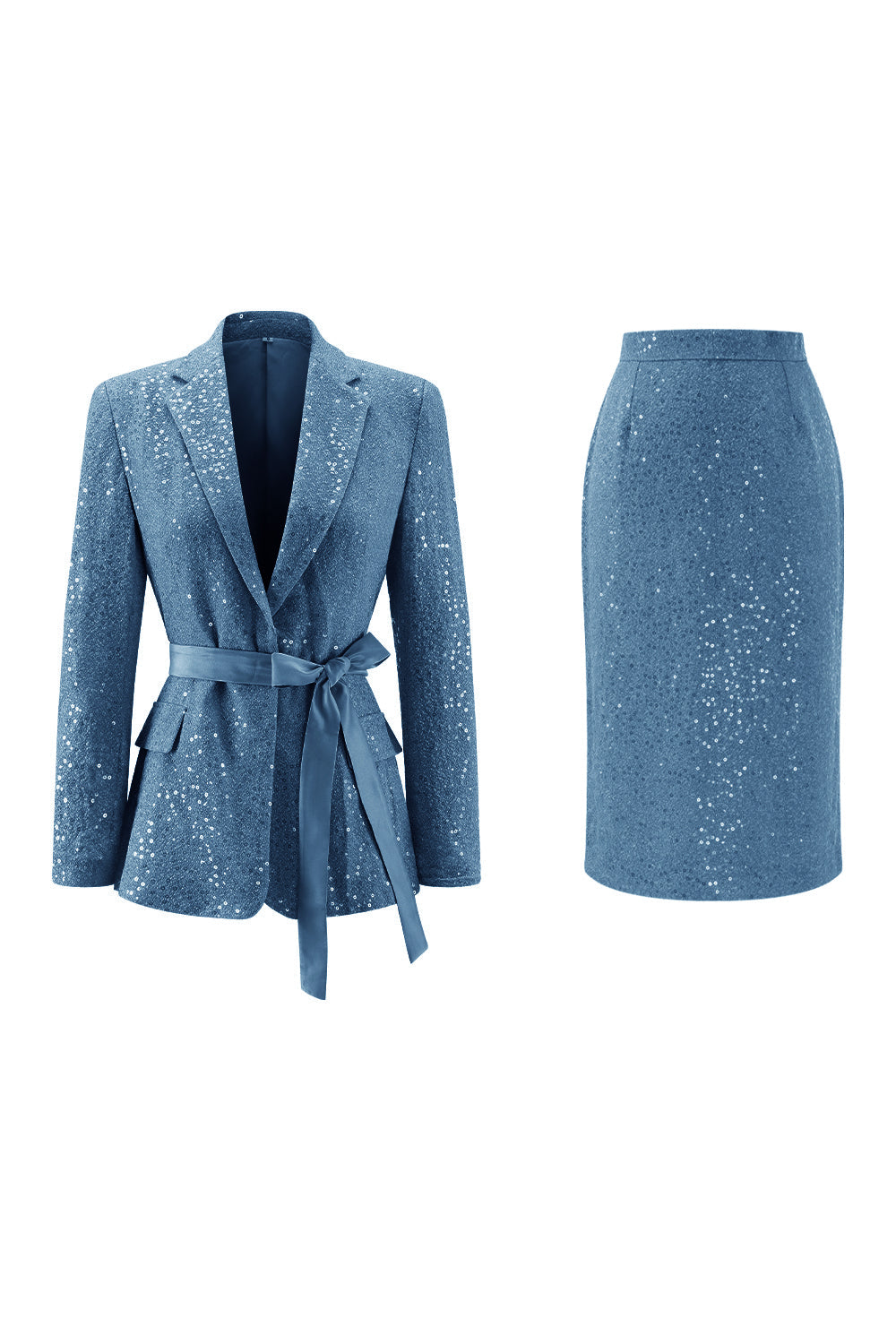 Sparkly Pink Sequin 2 Piece Pencil Midi Prom Suits with Sash