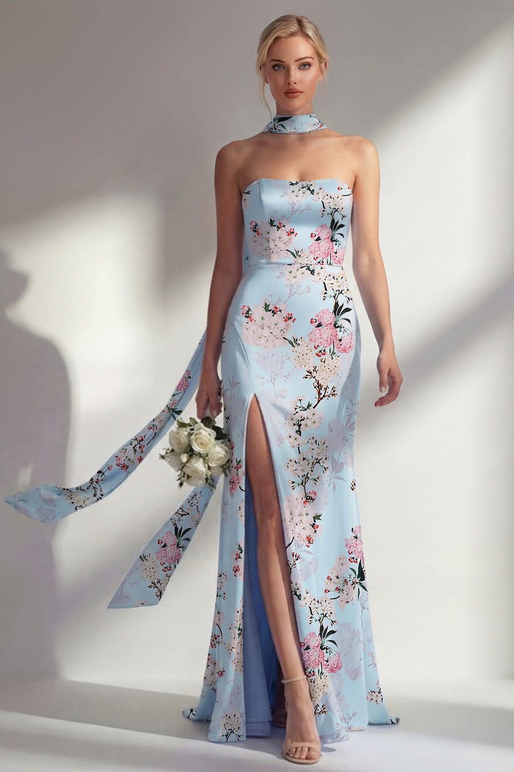 Pink Floral Sheath Strapless Neck Scarf Long Bridesmaid Dress with Slit