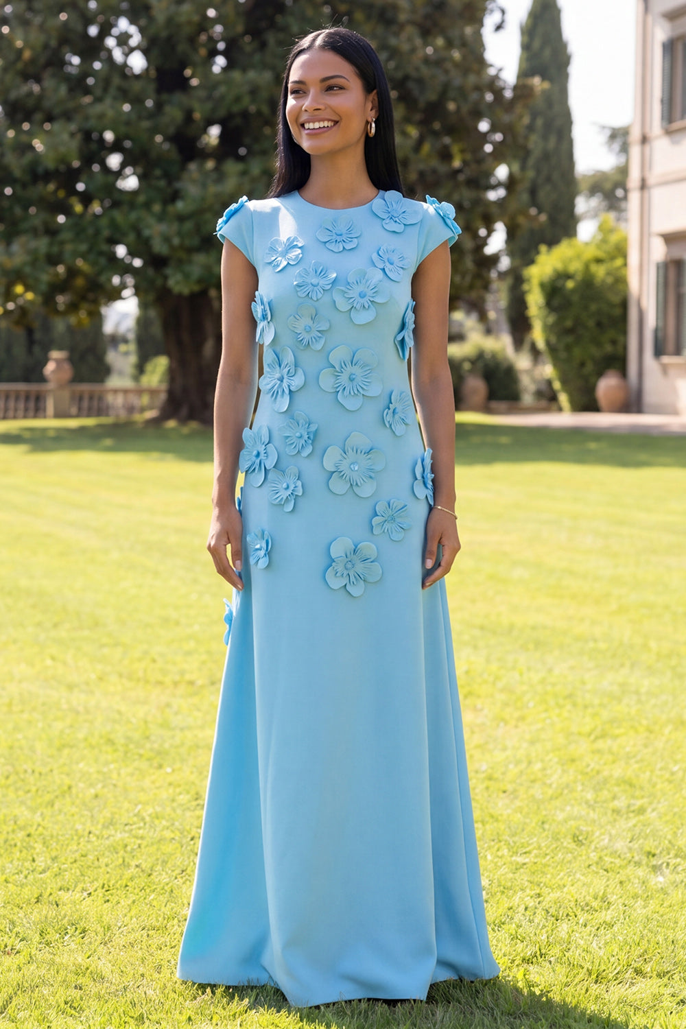 Butter Yellow A Line Round Neck Floral Long Wedding Guest Dress with Sleeves