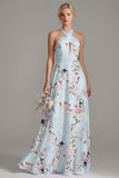 Halter Keyhole Pink Floral A Line Long Bridesmaid Dress