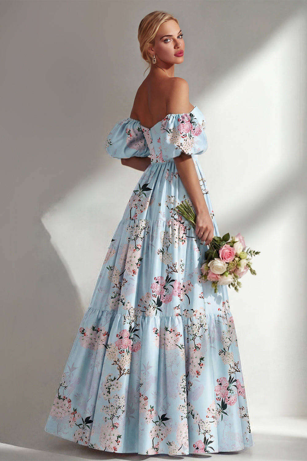Puff Sleeves Pink Floral A Line Strapless Ruched Long Bridesmaid Dress