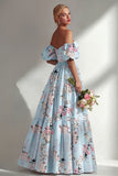 Puff Sleeves Pink Floral A Line Strapless Ruched Long Bridesmaid Dress