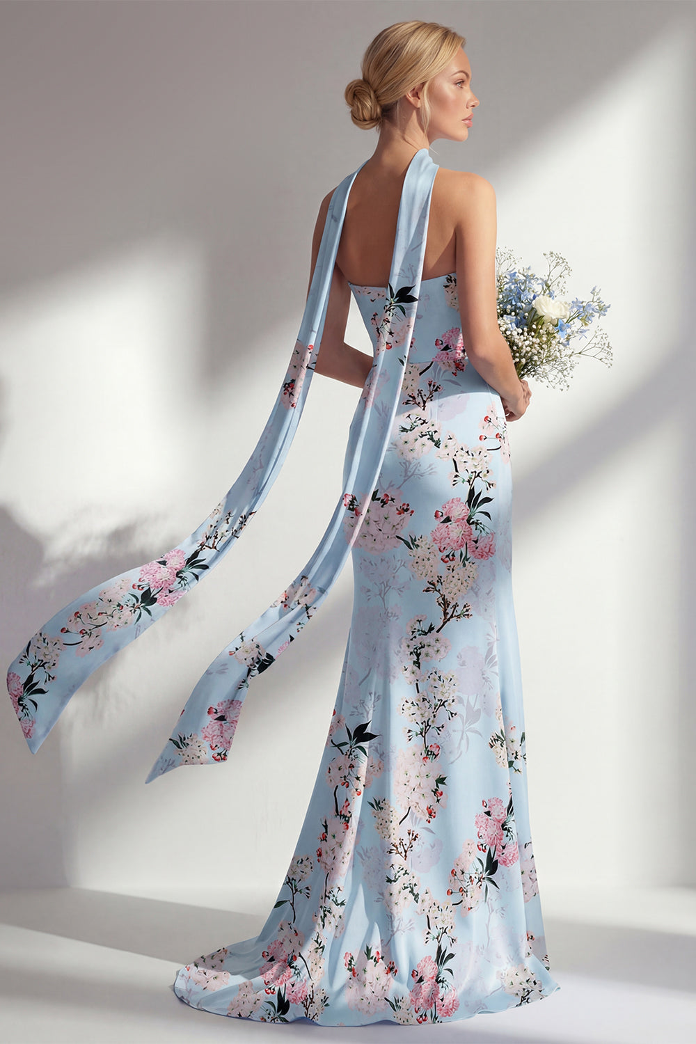 Pink Floral Sheath Strapless Neck Scarf Long Bridesmaid Dress with Slit