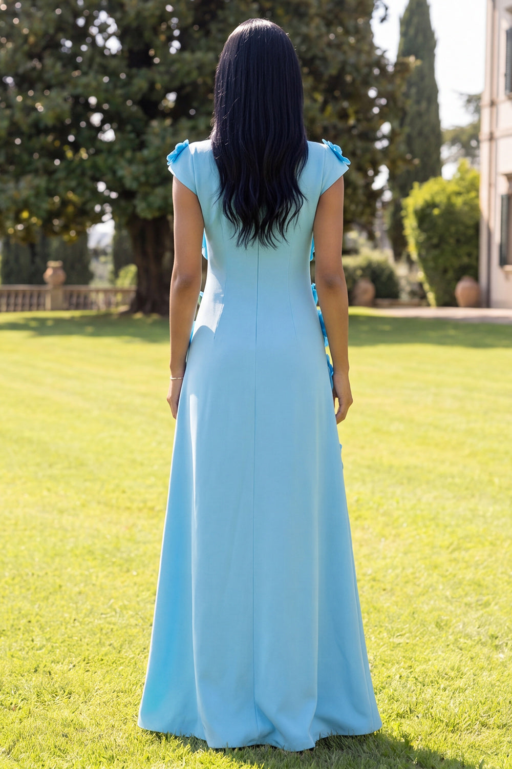 Butter Yellow A Line Round Neck Floral Long Wedding Guest Dress with Sleeves