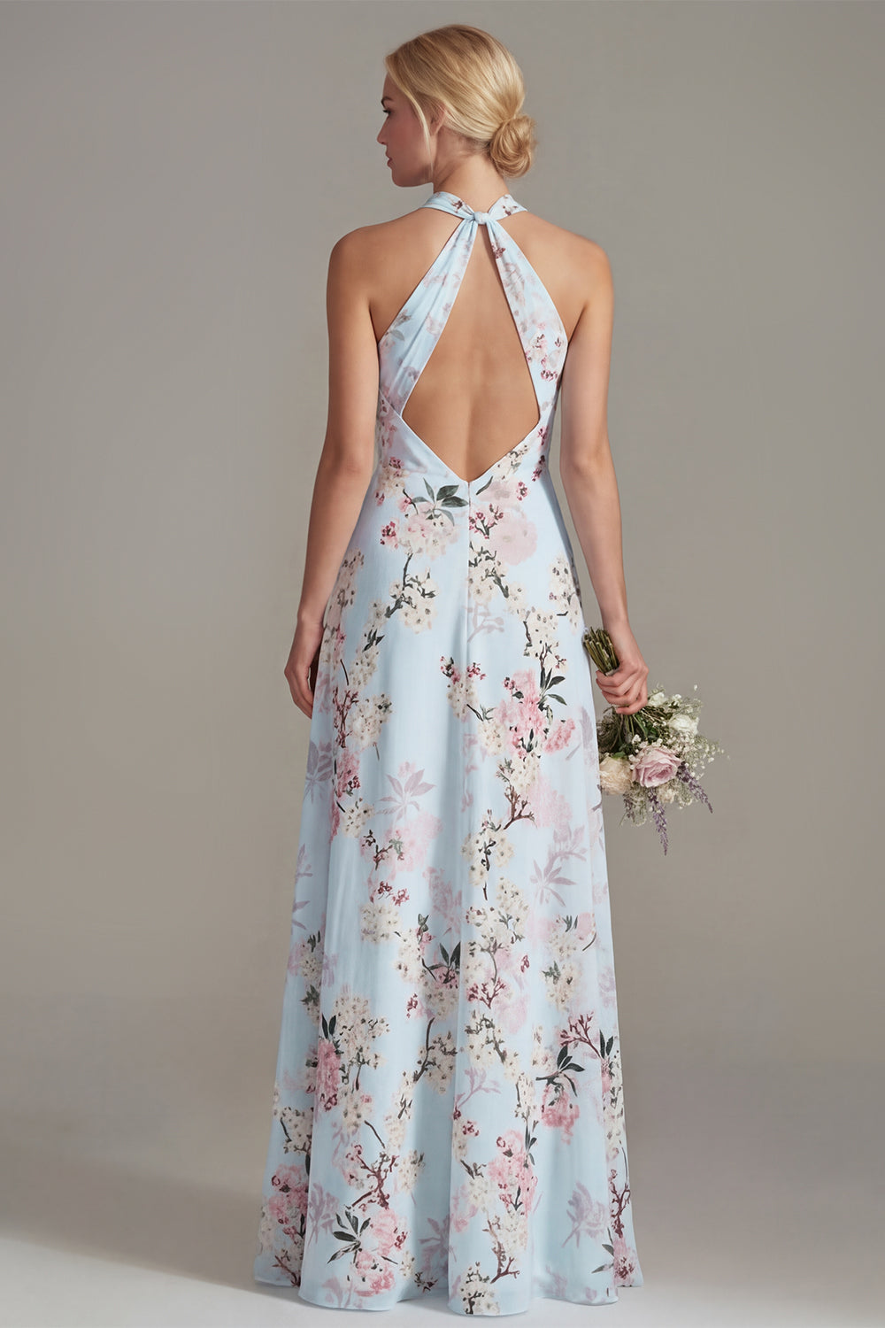 Halter Keyhole Pink Floral A Line Long Bridesmaid Dress