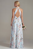 Halter Keyhole Pink Floral A Line Long Bridesmaid Dress