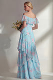 Green Floral A Line Off the Shoulder Long Boho Bridesmaid Dress with Ruffles