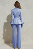 2 Piece Ivory Peak Lapel Ruched Wide Leg Business Suits with Sash