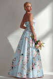 Strapless Ruched Blue Floral A Line Long Bridesmaid Dress