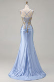Sparkly Black Beaded Floral Satin Appliqued Long Corset Prom Dress with Slit