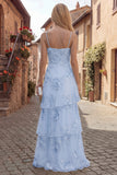 Blush Tiered Ruffled Spaghetti Straps Floral Long A Line Prom Dress