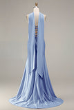 Sparkly Champagne Mermaid Neck Scarf Long Prom Dress with Beading