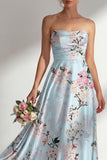 Strapless Ruched Blue Floral A Line Long Bridesmaid Dress