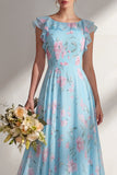 Boat Neck Blue Floral A Line Long Beach Bridesmaid Dress with Ruffles