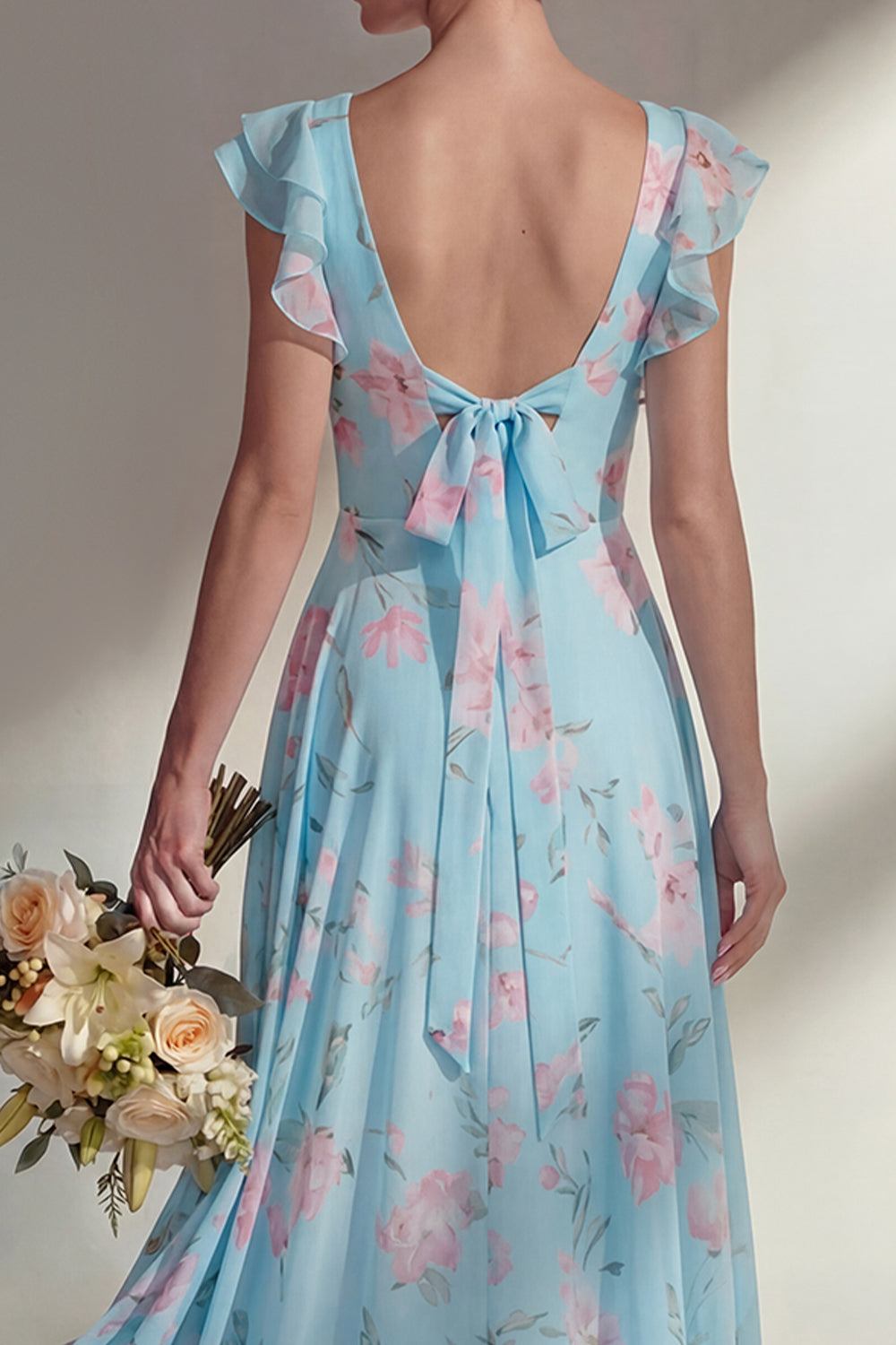 Boat Neck Blue Floral A Line Long Beach Bridesmaid Dress with Ruffles
