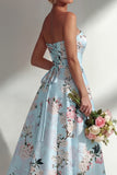 Strapless Ruched Blue Floral A Line Long Bridesmaid Dress
