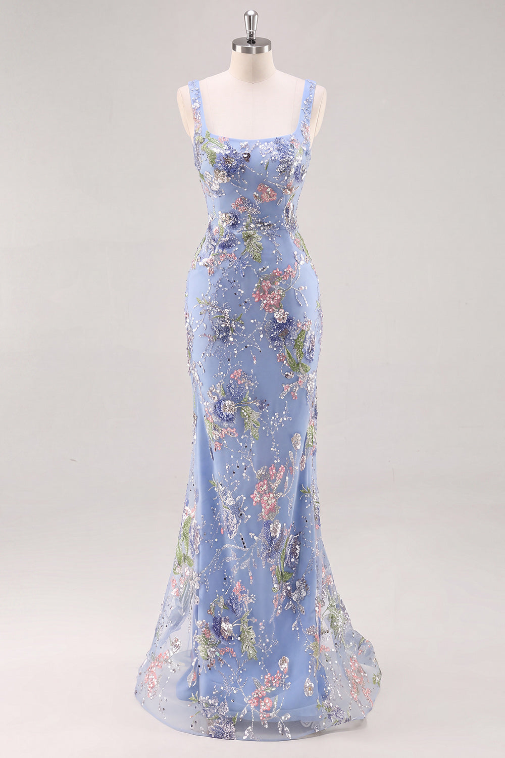 Sparkly Pink Long Floral Mermaid Beaded Formal Dress