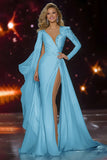 Sparkly White Mermaid Long Sleeves Pageant Dress with Slit