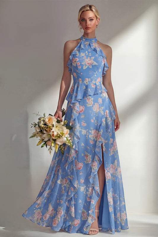 Blue Pink Flower A Line High Neck Ruffled Long Beach Bridesmaid Dress with Slit
