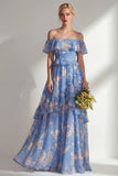 Butter Yellow Flower A Line Off the Shoulder Long Beach Bridesmaid Dress with Ruffles