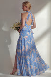 Blue Pink Flower A Line High Neck Ruffled Long Beach Bridesmaid Dress with Slit
