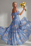 Butter Yellow Flower A Line Off the Shoulder Long Beach Bridesmaid Dress with Ruffles