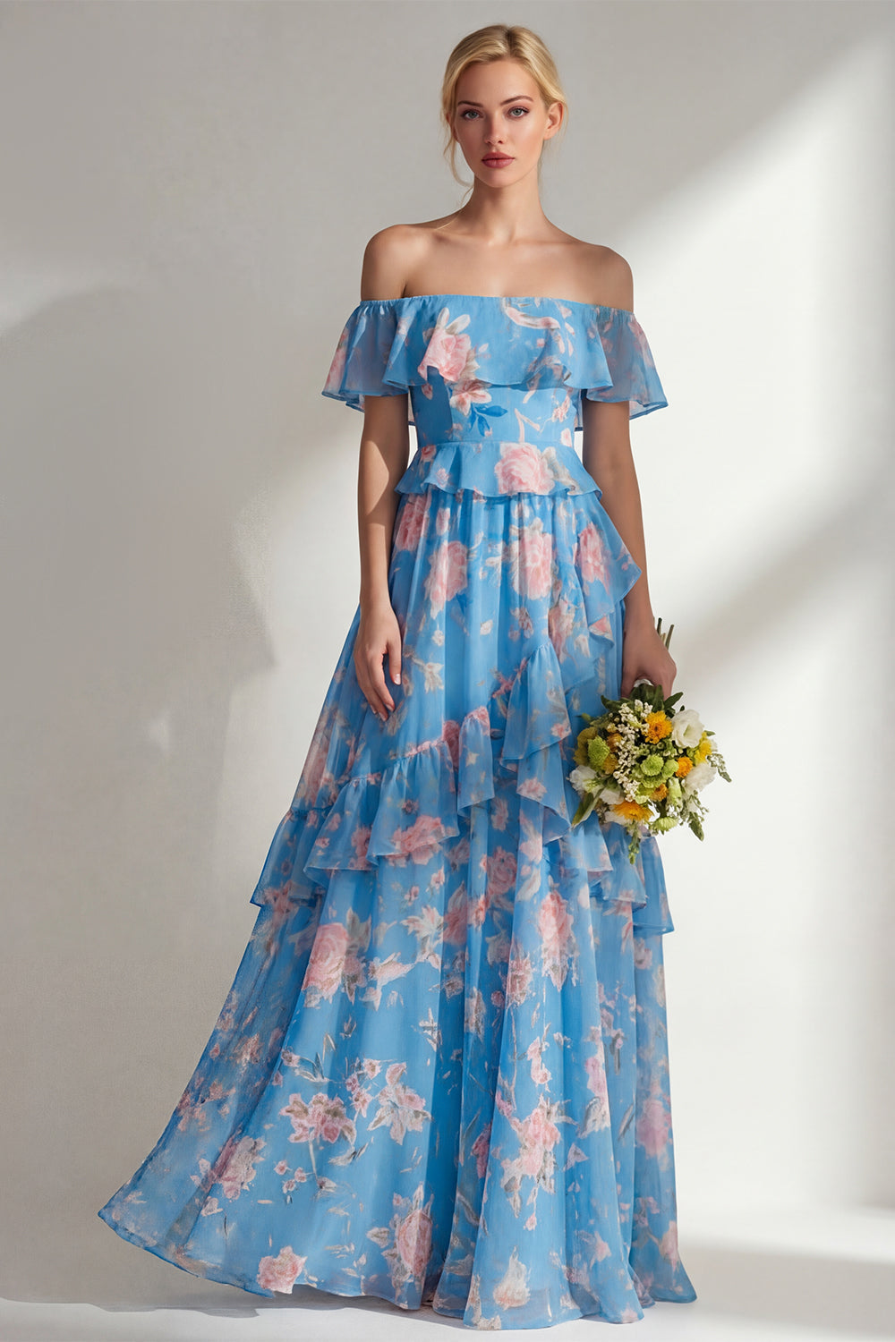 Butter Yellow Flower A Line Off the Shoulder Long Beach Bridesmaid Dress with Ruffles