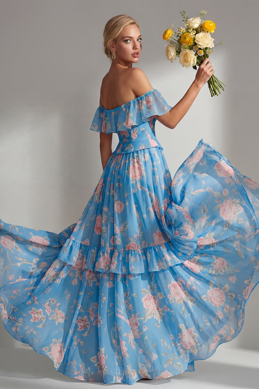 Butter Yellow Flower A Line Off the Shoulder Long Beach Bridesmaid Dress with Ruffles