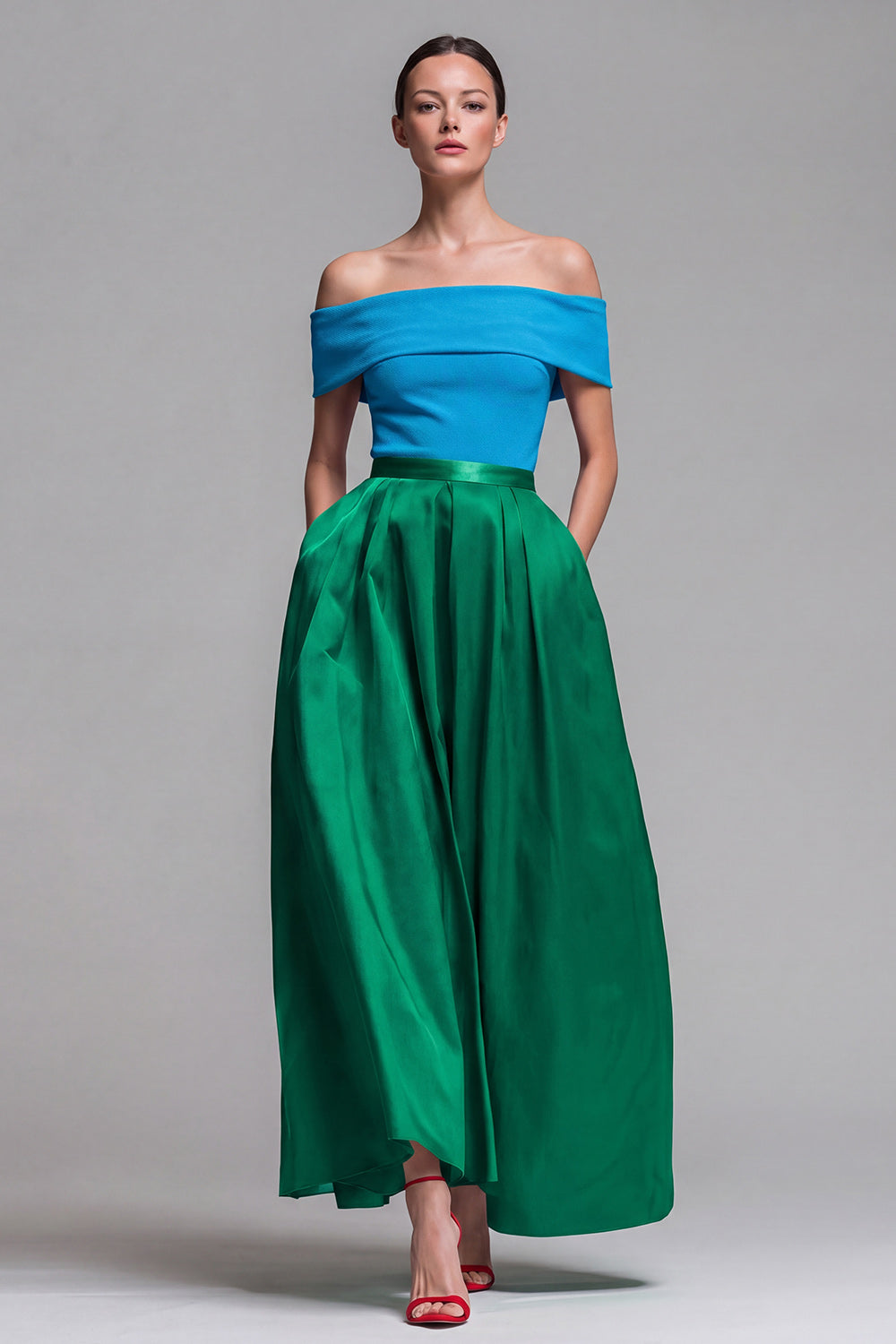 Fuchsia and Red Long A Line Off the Shoulder Patchwork Formal Dress
