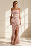 Floral Purple Mermaid Spaghetti Straps Long Prom Dress with Slit
