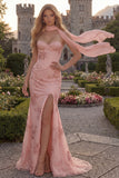 Yellow Corset Floral Mermaid Strapless Long Prom Dress with Slit