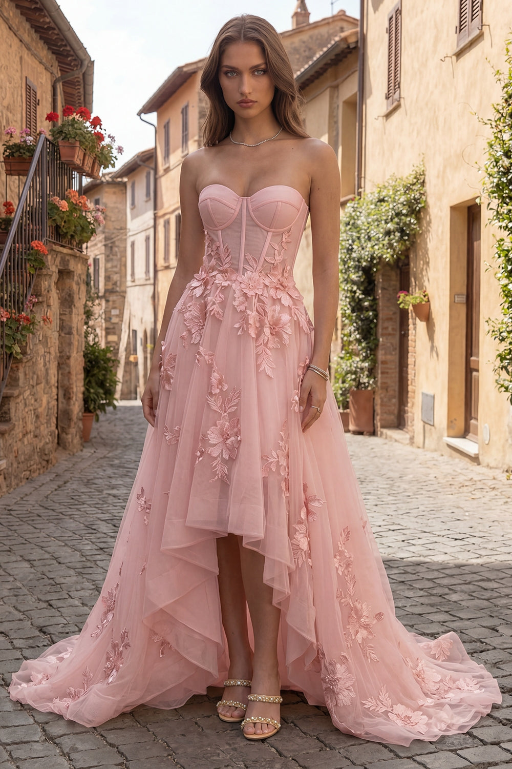 A Line Yellow Corset Floral Strapless High-Low Prom Dress with Ruffles