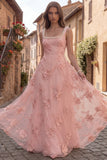 Yellow Floral Beaded A Line Square Neck Long Prom Dress