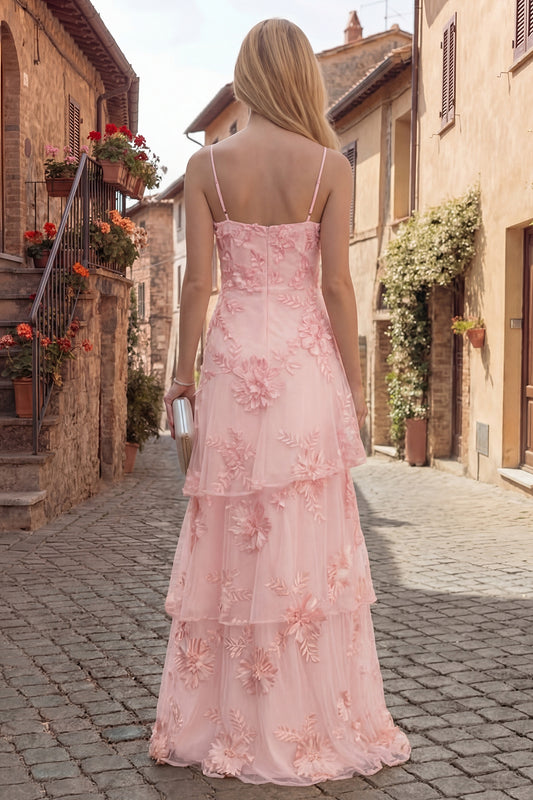 Blush Tiered Ruffled Spaghetti Straps Floral Long A Line Prom Dress