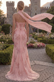 Yellow Corset Floral Mermaid Strapless Long Prom Dress with Slit