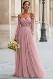 Eucalyptus Off the Shoulder Tulle A-Line Long Bridesmaid Dress with Sleeves